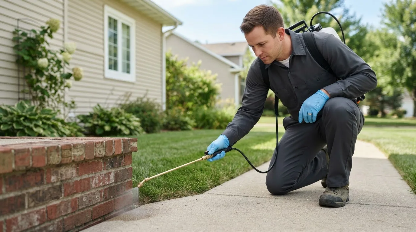 Pest control technician treating a home near Montezuma, IN